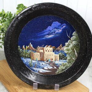Hand Painted Black Speckled Enamel Pie Dish Southwest Scene Adobe House Desert